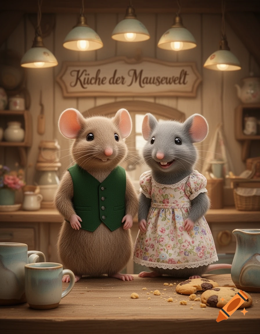 Two anthropomorphic mice, one in a green vest, one in a floral dress, stand on a wooden table with cookies in a cozy kitchen.