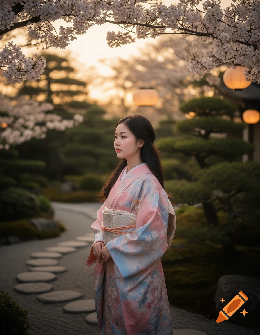 A Japanese woman in a pink and blue floral kimono stands in a cherry blossom garden at sunset, with lanterns and a stone path.