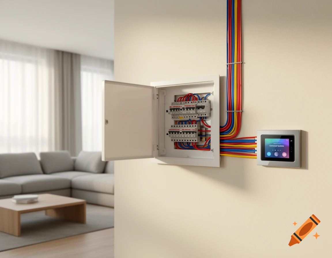 A modern interior wall features an open electrical panel with colorful wires and a wall-mounted smart home control screen. A living room is blurred in the background.