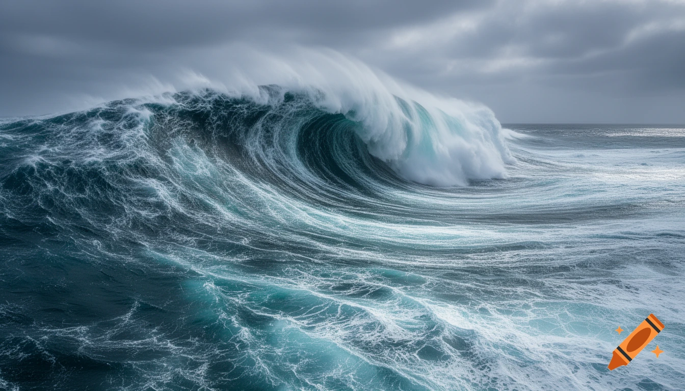 A massive, powerful ocean wave with white foam crests under a dramatic, cloudy sky, showing dark blue and turquoise water churning.