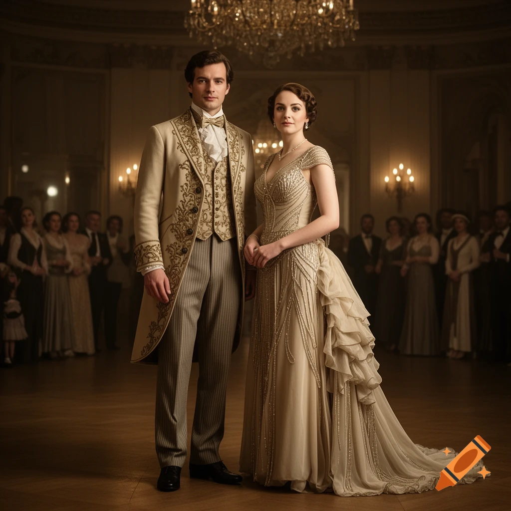 A man in an embroidered coat and a woman in a beaded gown pose in a grand ballroom with chandeliers.
