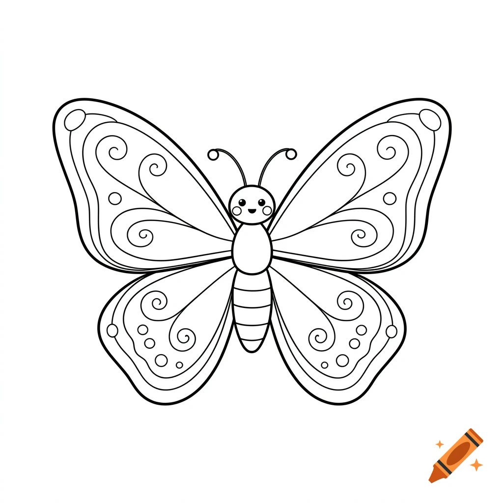 Black and white line art illustration of a cute butterfly with swirly patterns, suitable for a coloring page.