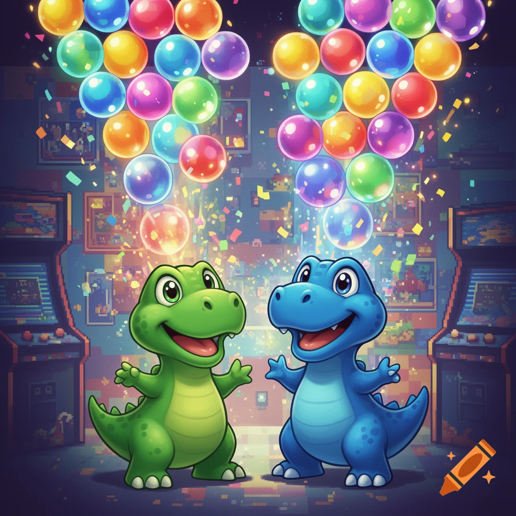 Cartoon green and blue dinosaurs stand in an arcade with colorful bubbles and pixelated confetti falling around them.