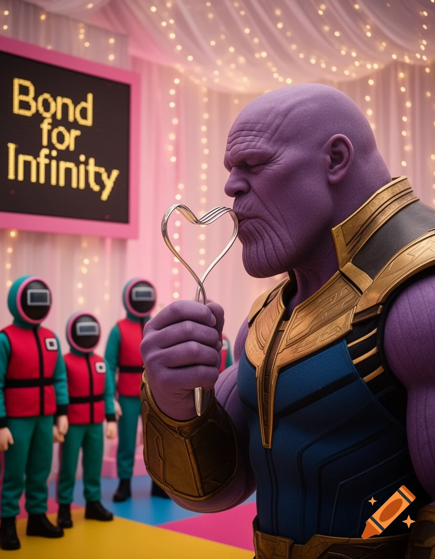 Thanos kisses a heart-shaped fork at a wedding event with Squid Game characters in the background and a sign that reads 'Bond for Infinity'.