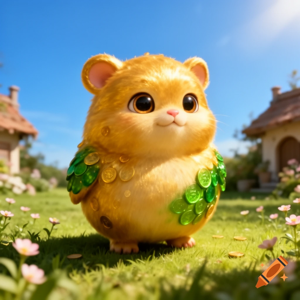 A fluffy, golden hamster-like creature with big eyes, covered in gold coins and green scales, stands in a sunny, grassy field with small houses.