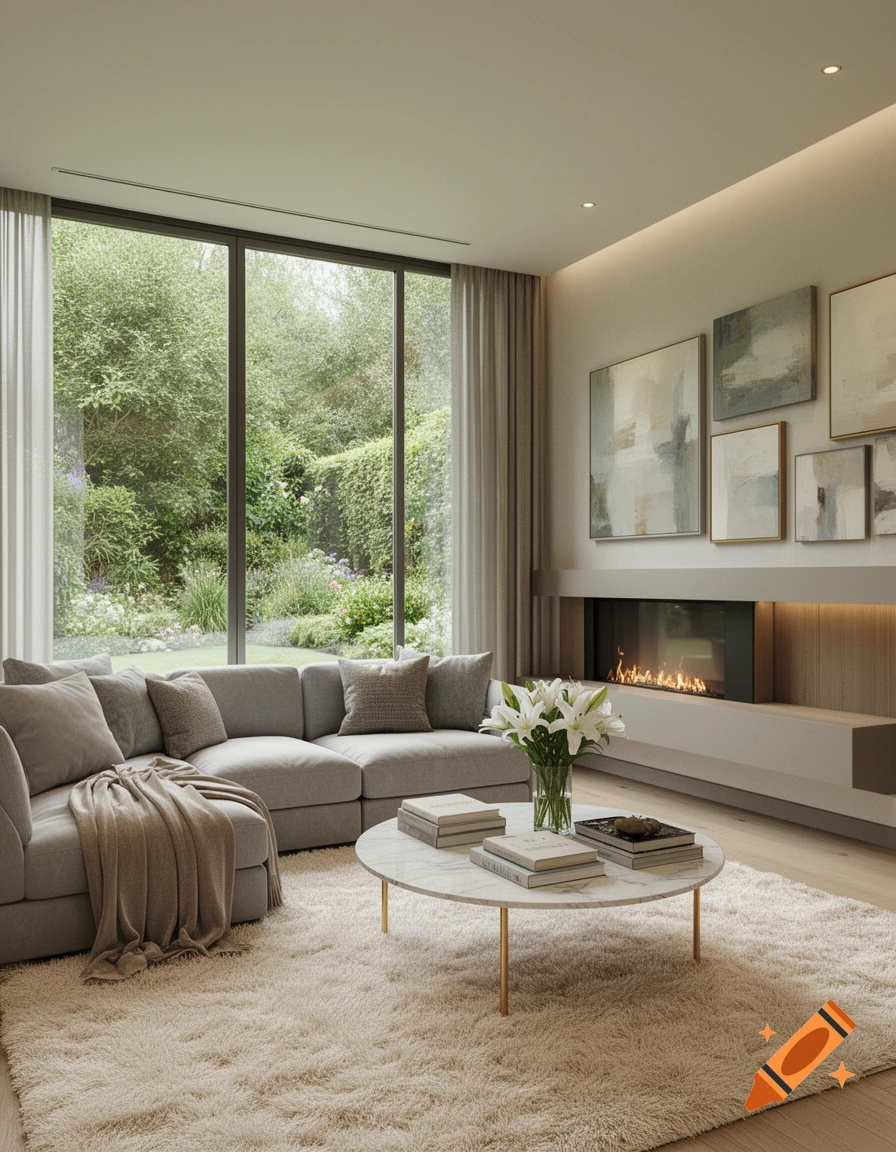 A modern living room with a grey sectional sofa, white marble coffee table, shaggy rug, fireplace, and large windows overlooking a garden.