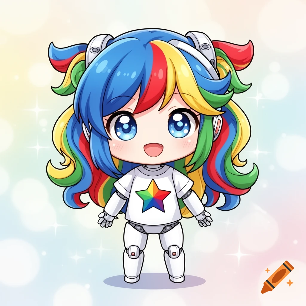 A cute anime chibi robot with colorful blue, red, yellow, and green hair, big blue eyes, a white shirt with a rainbow star, and white robot body.