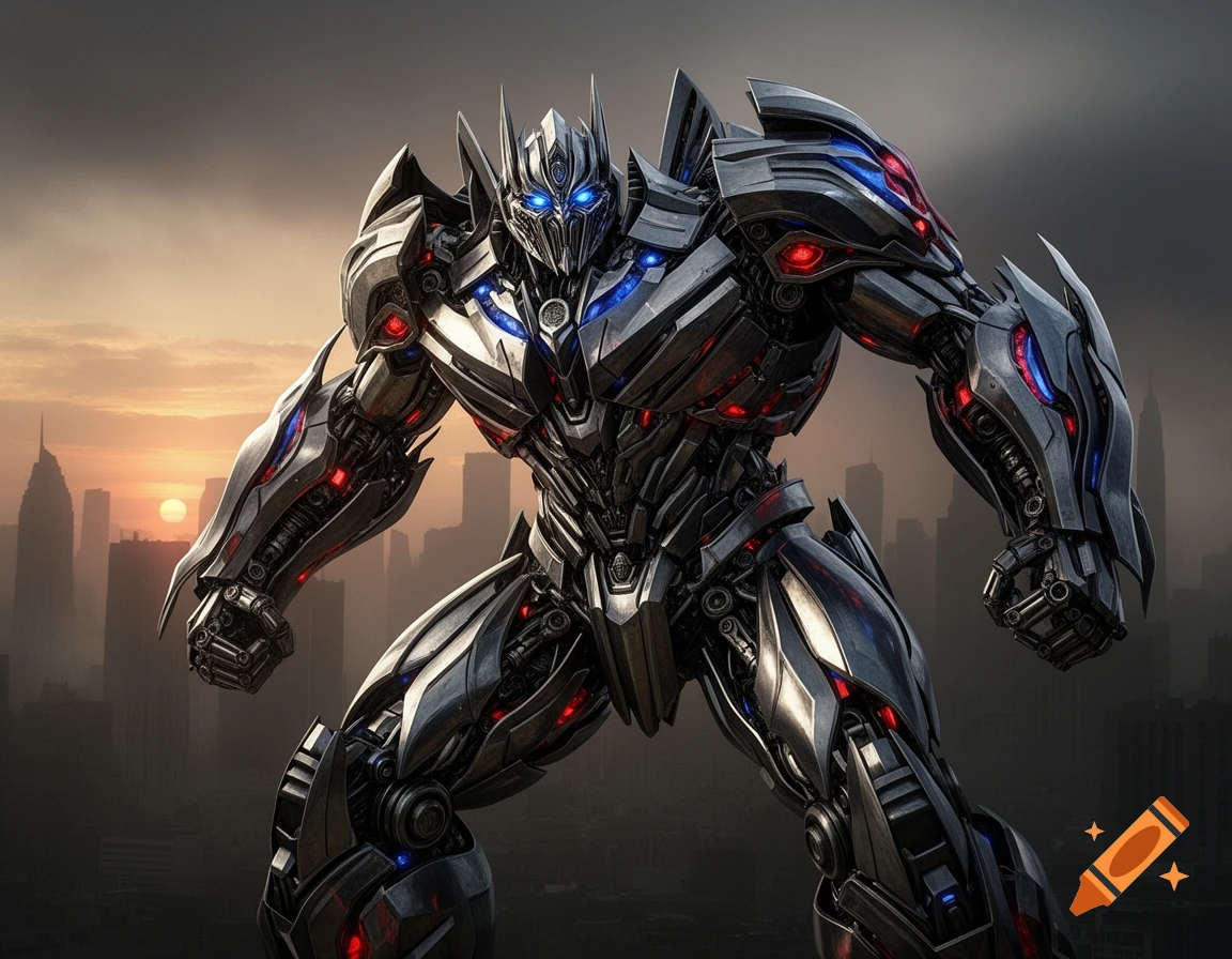 Detailed photorealistic robot, similar to Megatron, standing in a city skyline at sunset.