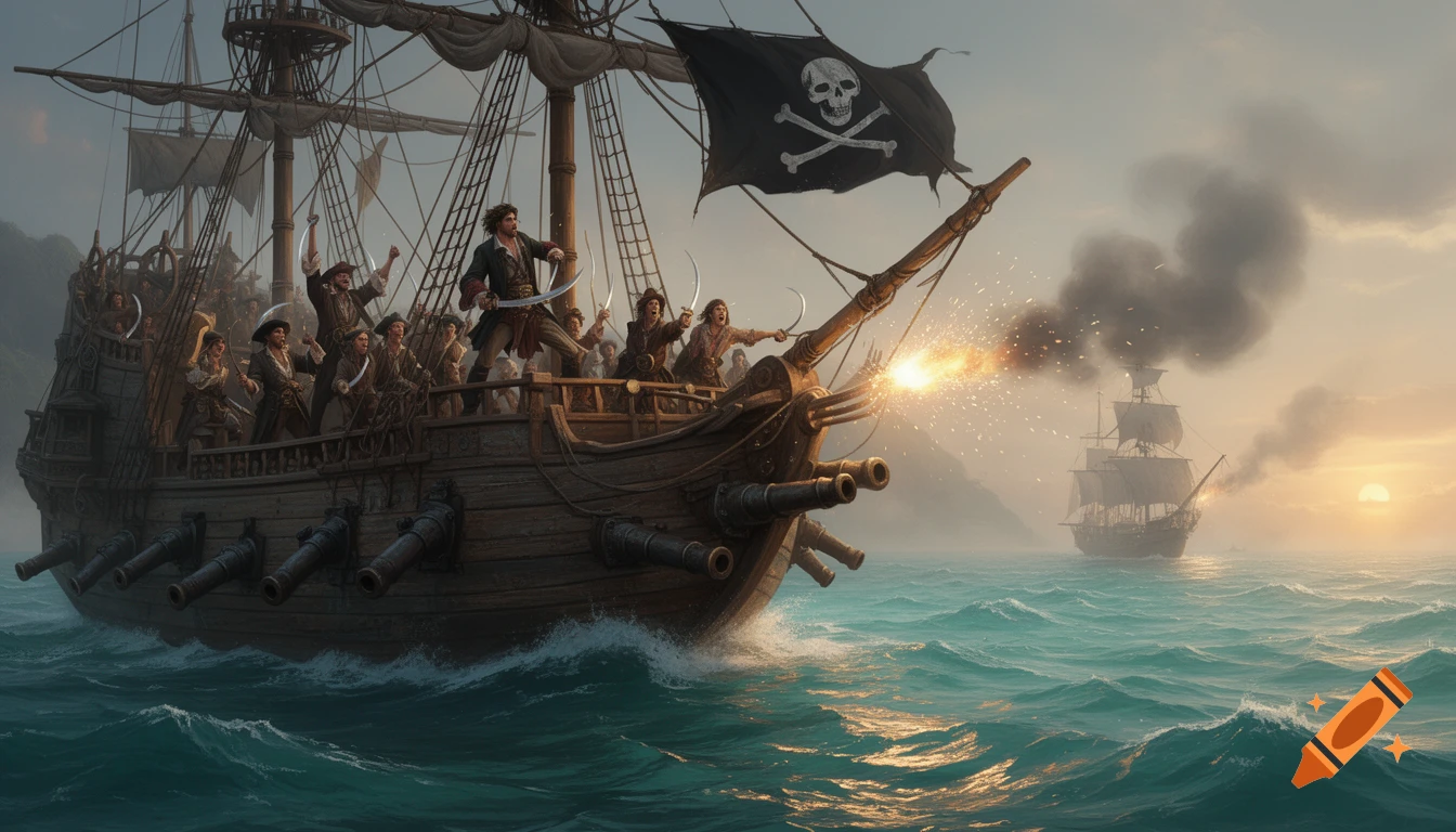 A 17th-century pirate ship with a skull flag, manned by sword-wielding pirates, fires cannons at another ship on choppy seas at sunset.