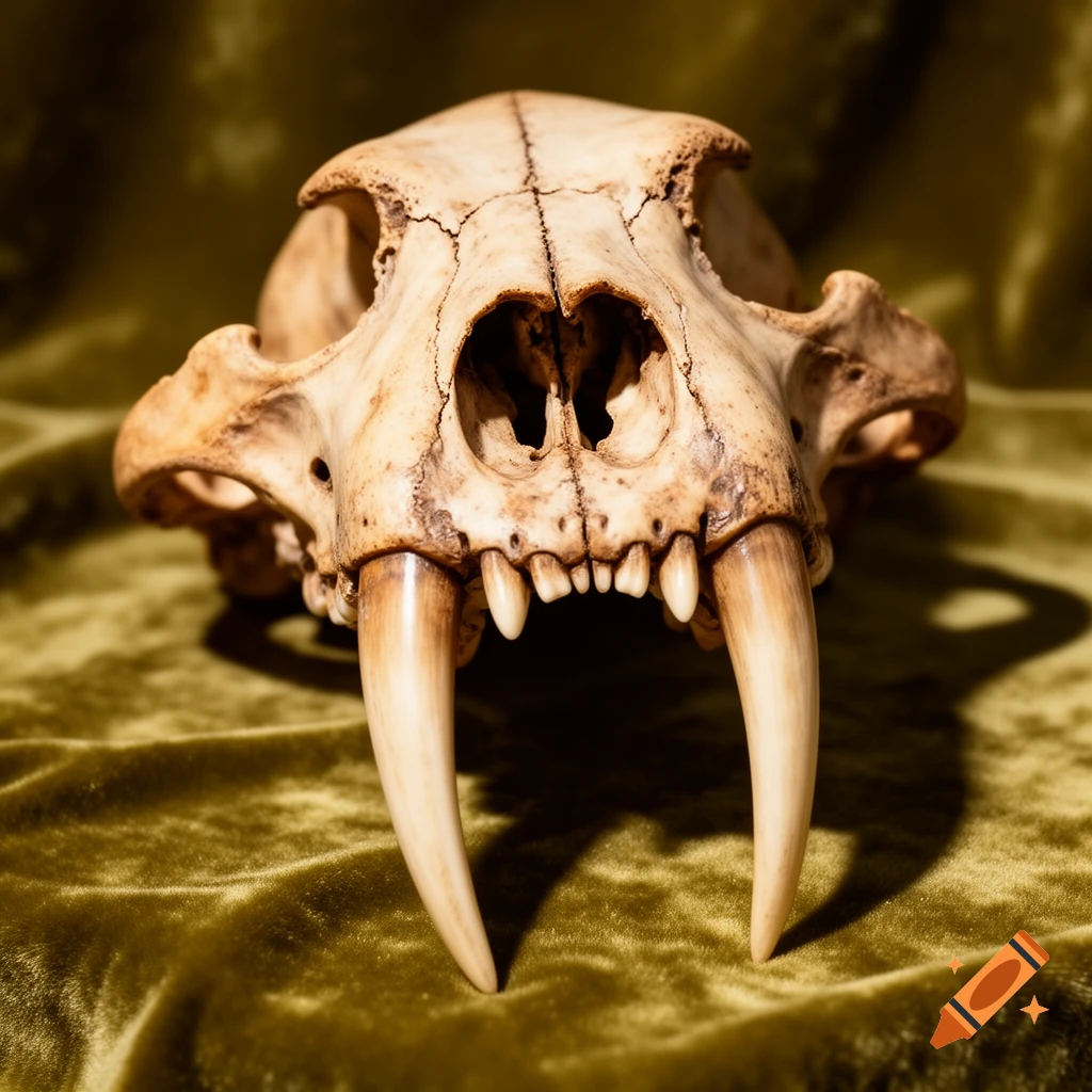 A realistic saber tooth skull with prominent fangs sits on a dark green velvet background.
