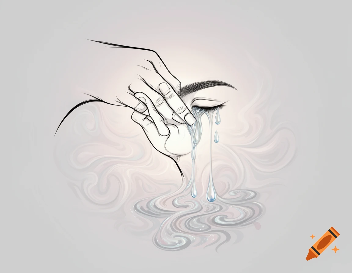 Abstract line art showing a hand wiping tears from a closed eye, with stylized tears pooling below.