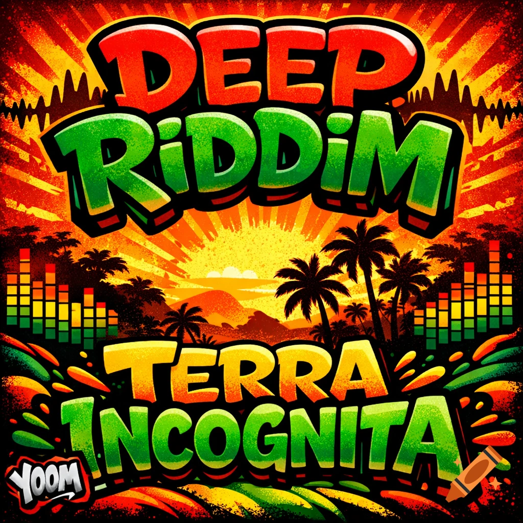 Vibrant reggae album cover with bold red and green text 'DEEP RIDDIM', 'TERRA INCOGNITA', palm trees, and a sunset.