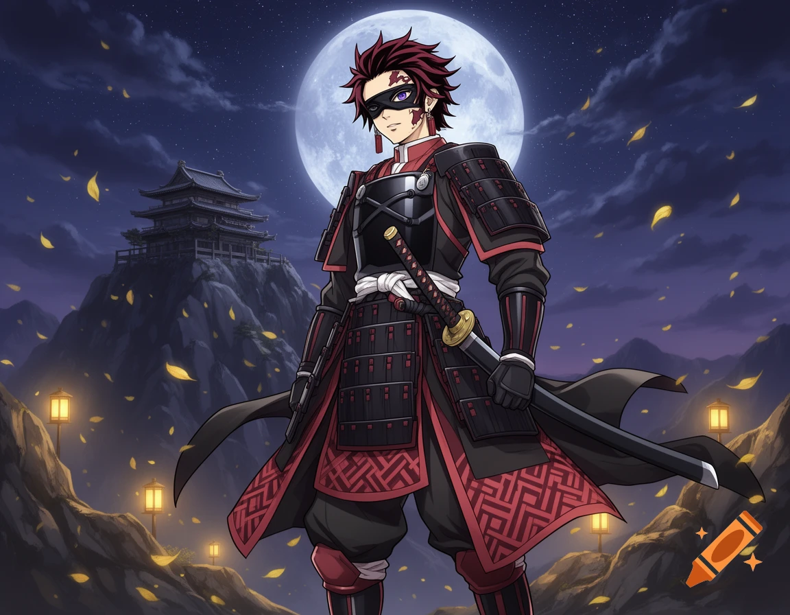 Anime-style samurai warrior in black and red armor with a katana, standing under a full moon with a Japanese castle in the background.