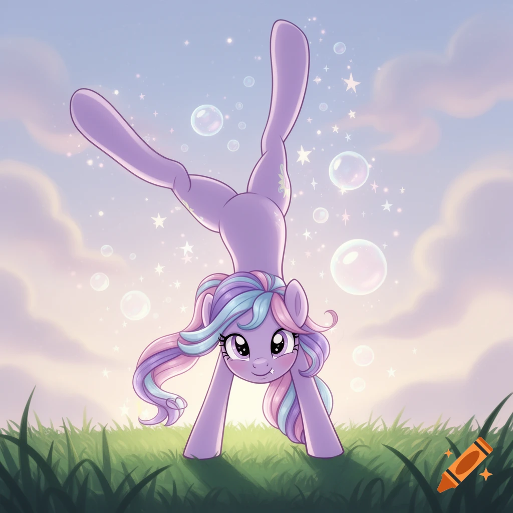 A cheerful purple cartoon pony with multi-colored hair does a headstand in a grassy field, surrounded by bubbles and stars under a pastel sky.