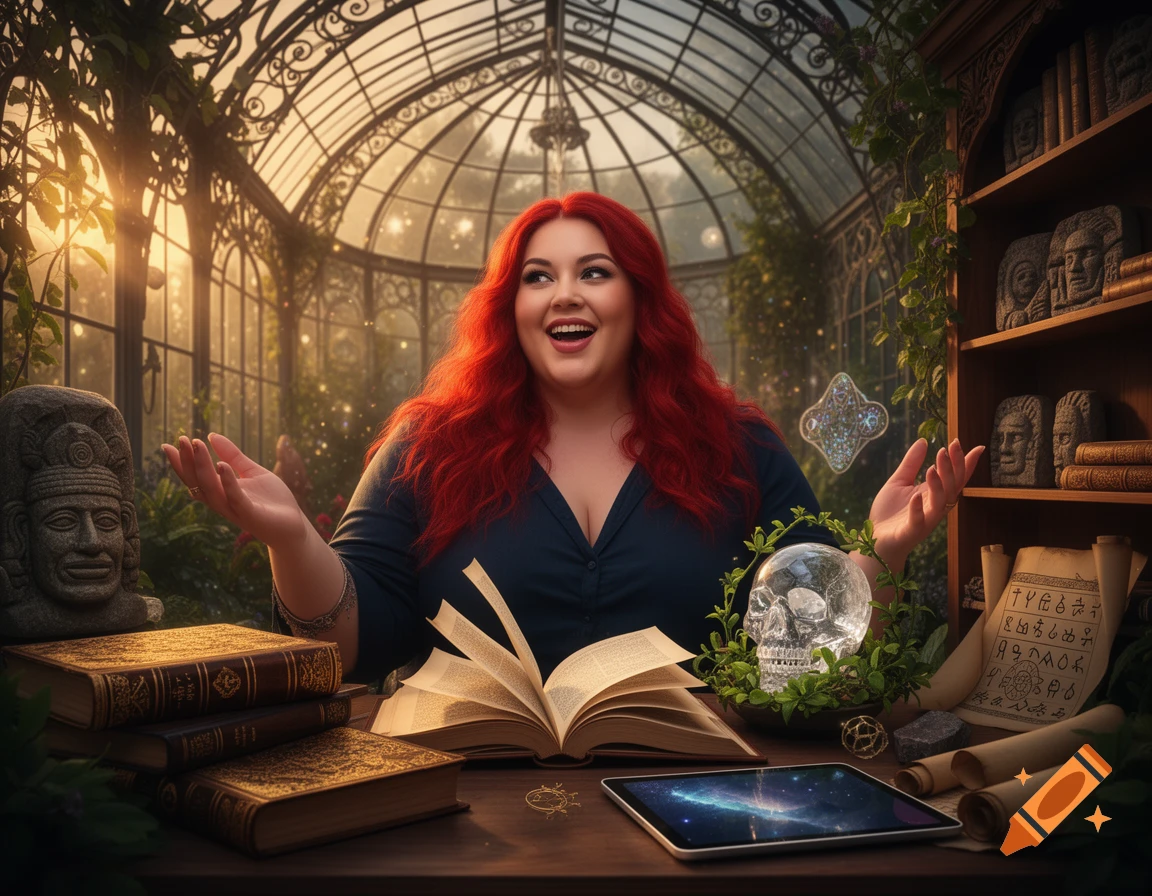 A smiling woman with fiery red hair sits at a table in a lush greenhouse, surrounded by books, a crystal skull, and ancient artifacts, representing collected knowledge.