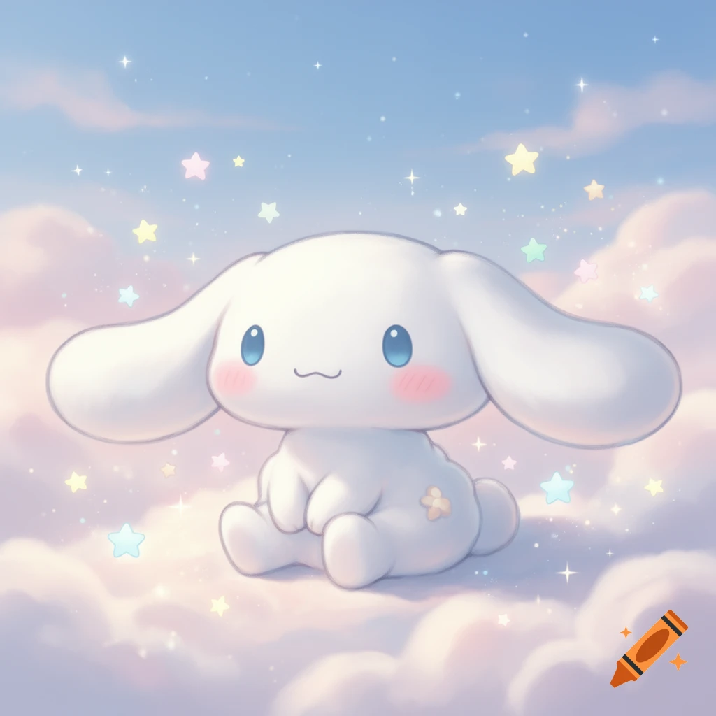 A sweet, cute Cinnamoroll with long ears, blue eyes, and pink cheeks sits on soft, pastel clouds surrounded by colorful stars.