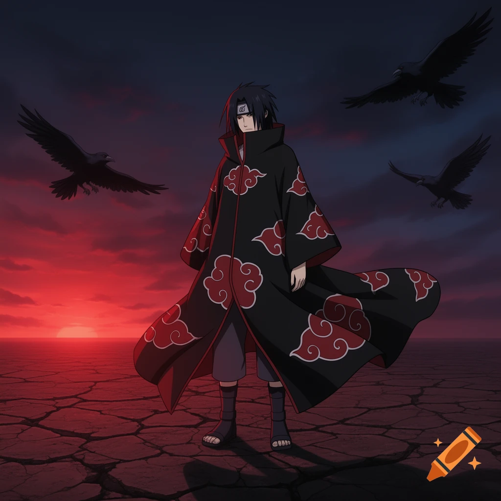 Itachi Uchiha in an Akatsuki cloak stands on cracked ground with three flying crows against a dramatic red and black sunset sky, anime style.