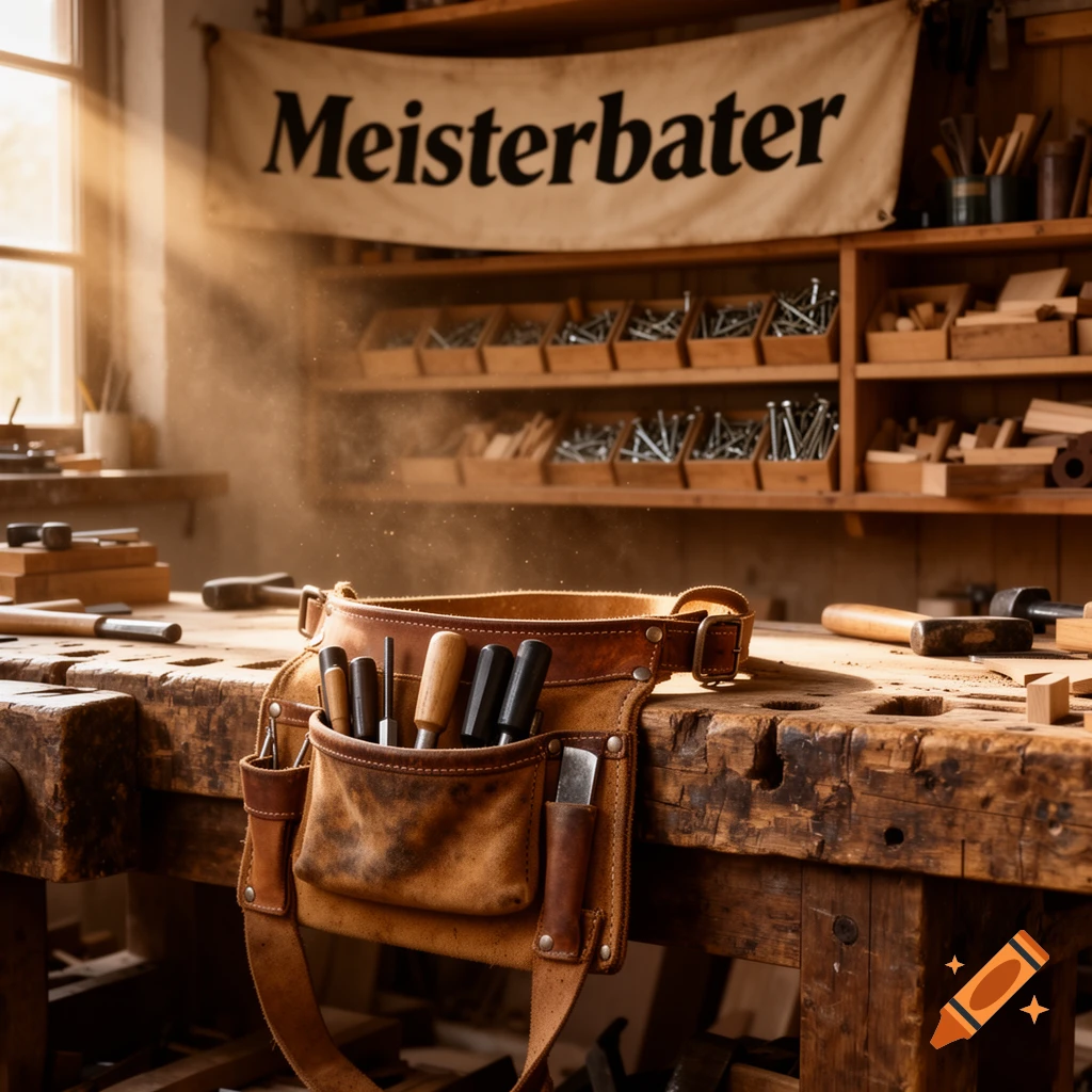 A well-lit woodworking shop with a leather tool belt and tools on a rustic workbench, shelves filled with supplies in the background. A banner reads 'Meisterbater'.