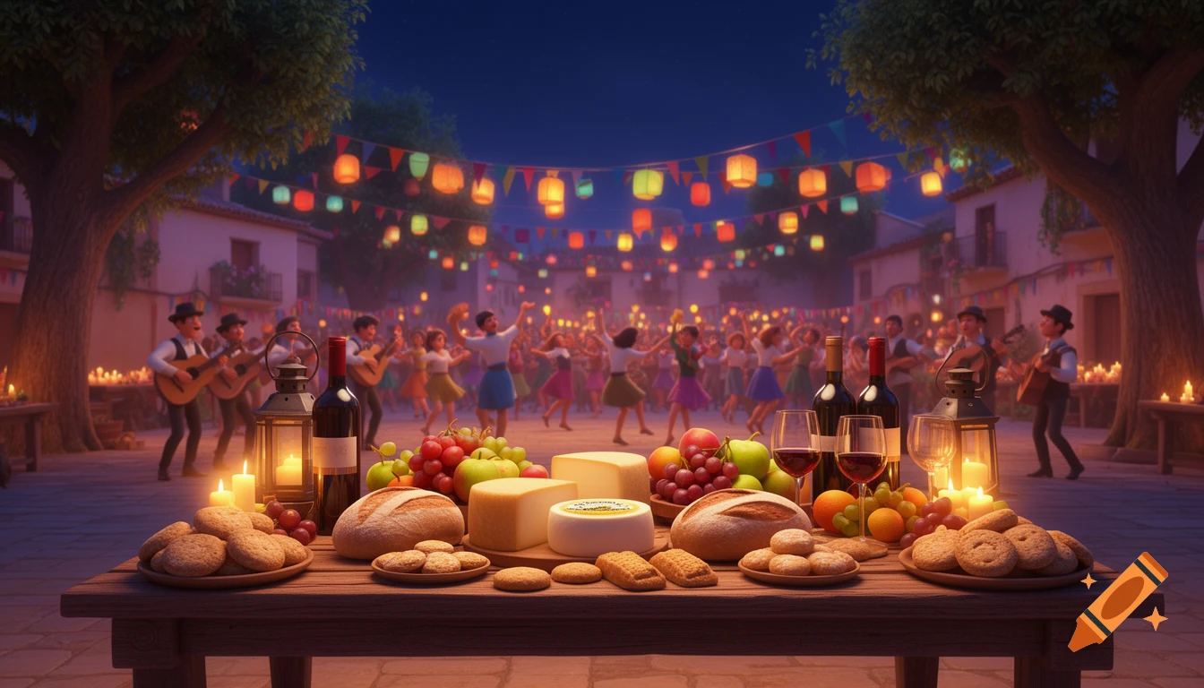 Animated Pixar-style night festival scene in a village plaza with people dancing and musicians, foreground features a table of cheese, bread, fruit, and wine.