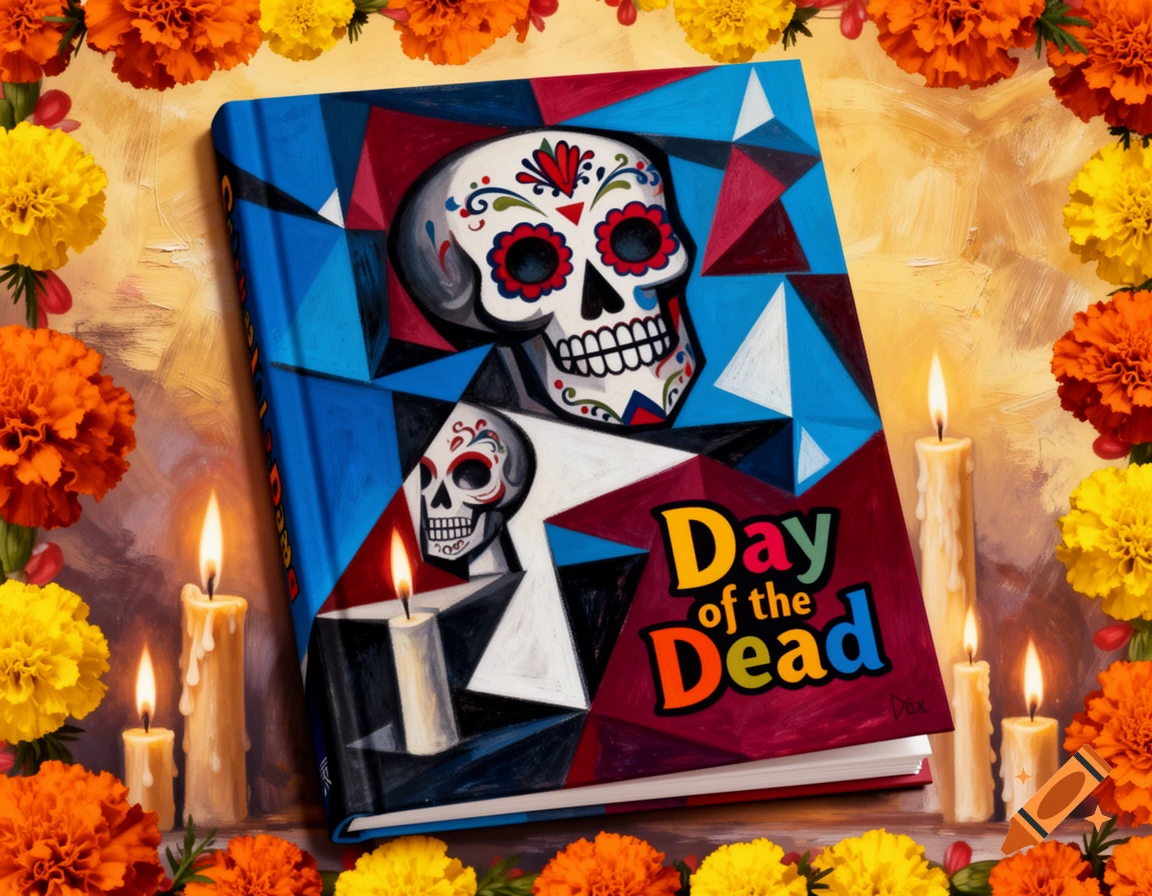 A vibrant book cover featuring two colorful, cubist sugar skulls, titled 'Day of the Dead,' surrounded by marigold flowers and candles.