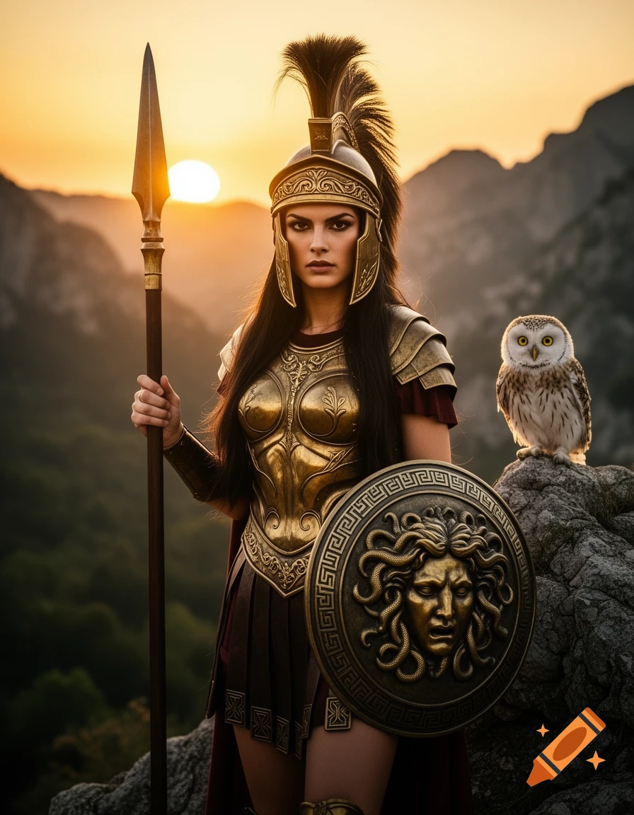 A strong female warrior in golden armor with a Medusa shield and spear stands with an owl on a mountain at sunset, photorealistic.
