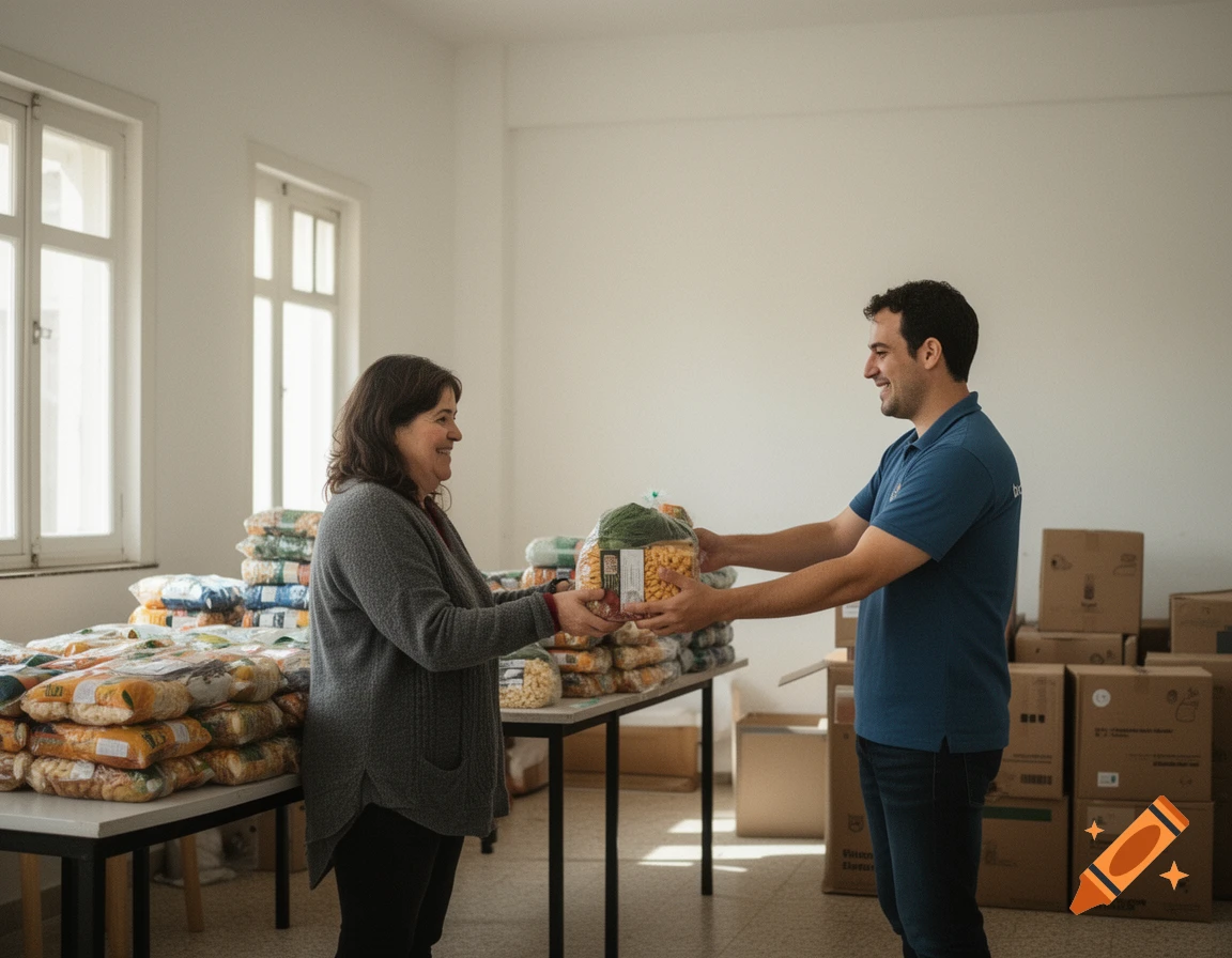 A man in a blue shirt hands food packages to a smiling woman in a gray cardigan amidst stacks of groceries in a bright room.