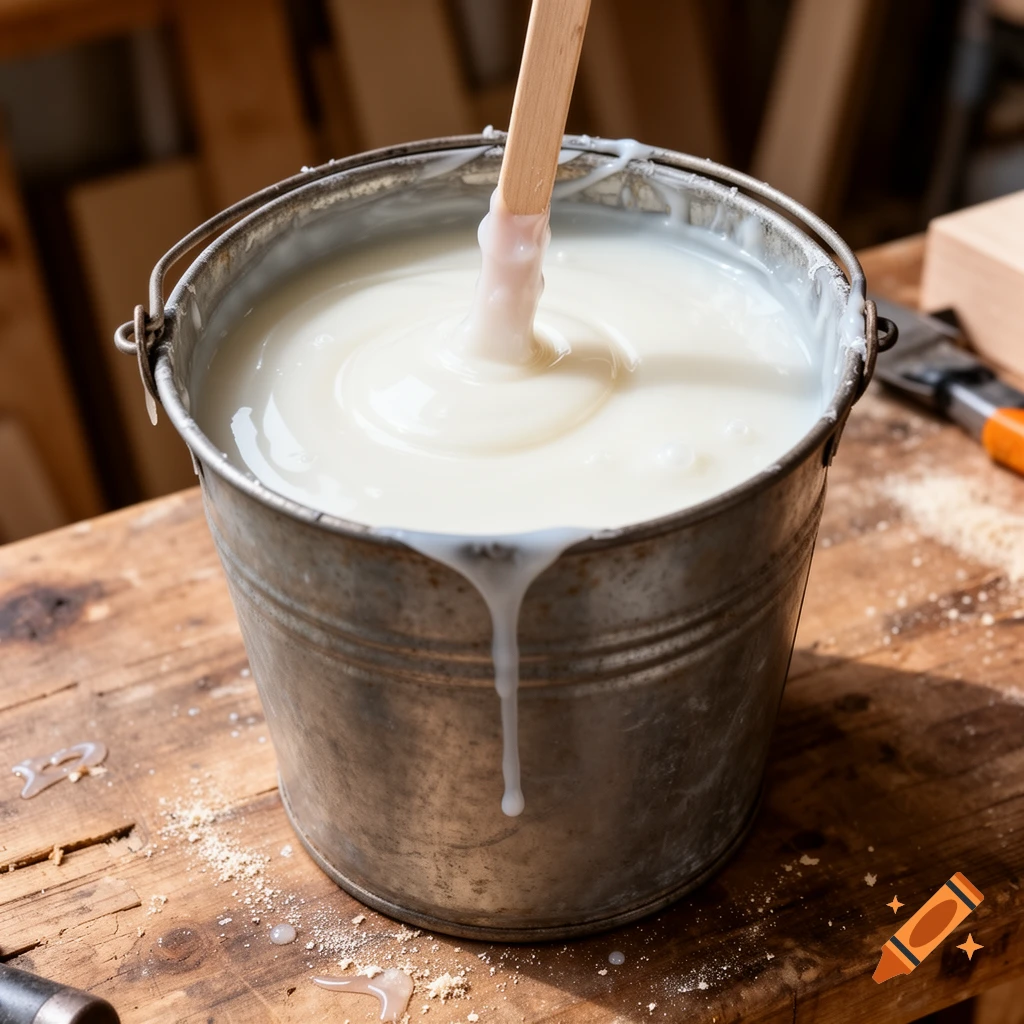 Galvanized bucket of white glue with a wooden stirring stick on a rustic workbench, photorealistic.