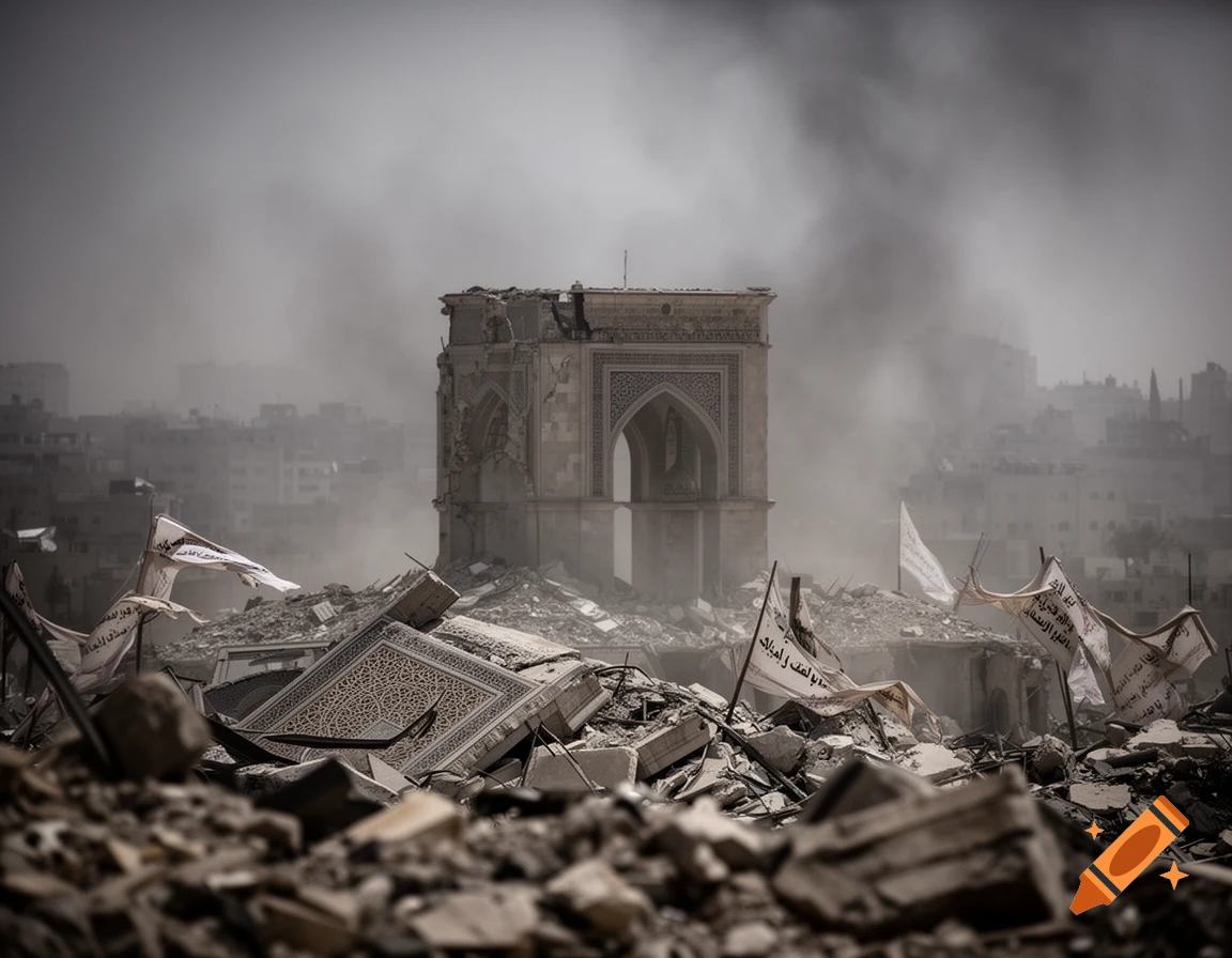A war-torn city with a partially destroyed ornate building surrounded by rubble and smoke under a hazy sky.