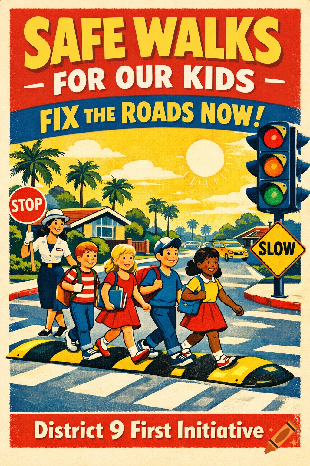 A retro 1950s-60s traffic safety poster featuring a crossing guard and diverse children crossing a street with speed bumps and traffic lights. Text reads "SAFE WALKS FOR OUR KIDS – FIX THE ROADS NOW!" and "District 9 First Initiative."