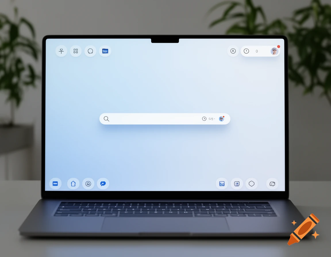 A modern laptop displaying a clean user interface with a search bar and app icons on a light-colored desk.