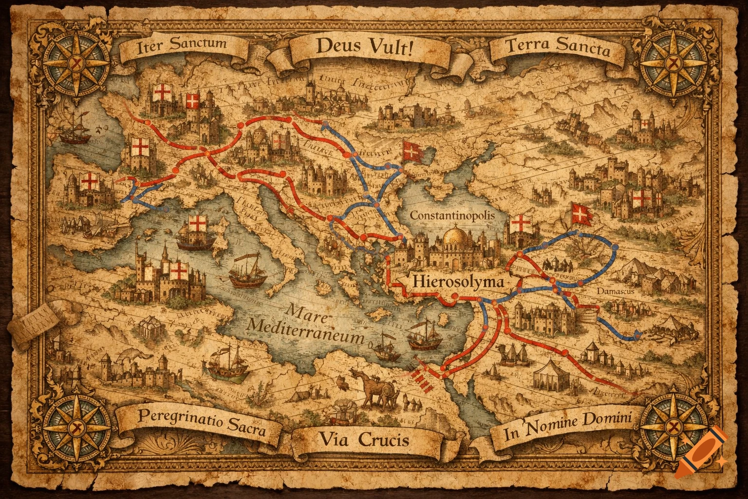 A vintage-style map of the Mediterranean region, showing crusade routes in red and blue, with Latin text and compass roses.