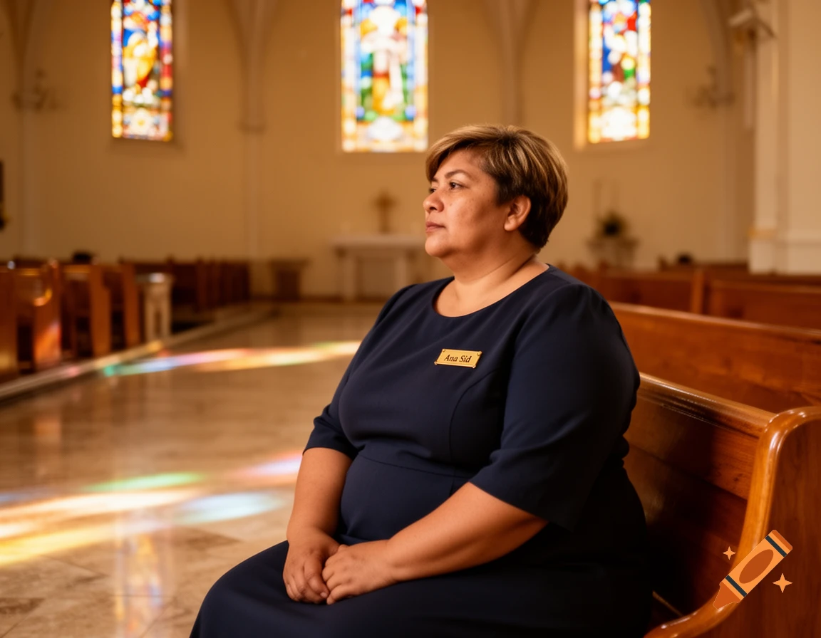A woman with short hair and a name tag that reads 'Ana Sid' sits in a church pew, sunlight from stained glass windows illuminating the floor. Photorealistic.