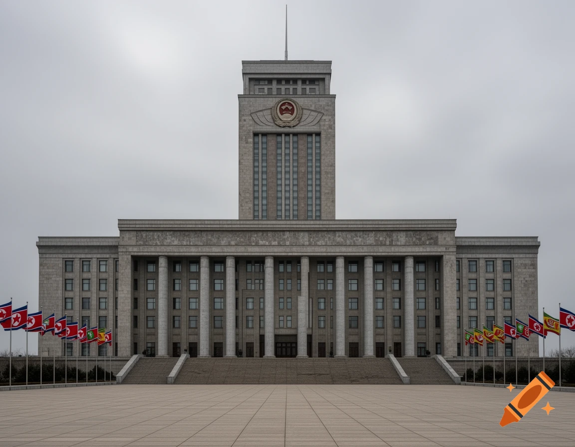 Grand, grey brutalist-style government building with a central tower, columns, and North Korean flags under an overcast sky.