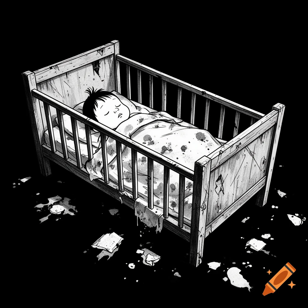High-contrast black and white illustration of a baby sleeping in a dirty, run-down wooden crib with trash and stains on the floor.