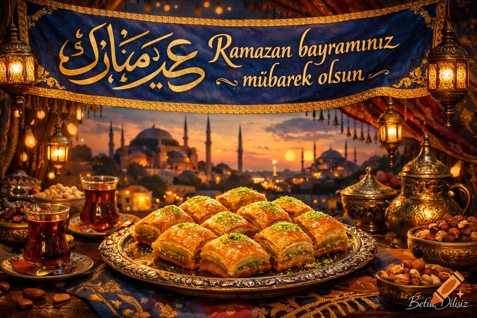 A festive scene with baklava on a tray, glasses of tea, and nuts, set against a backdrop of the Istanbul skyline at sunset. A blue banner above reads "Eid Mubarak" in Arabic and "Ramazan bayramınız mübarek olsun" in Turkish, flanked by lanterns.