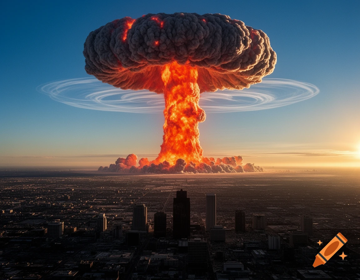 A massive mushroom cloud from an atomic bomb explosion rises over a distant city at sunset, seen from above.