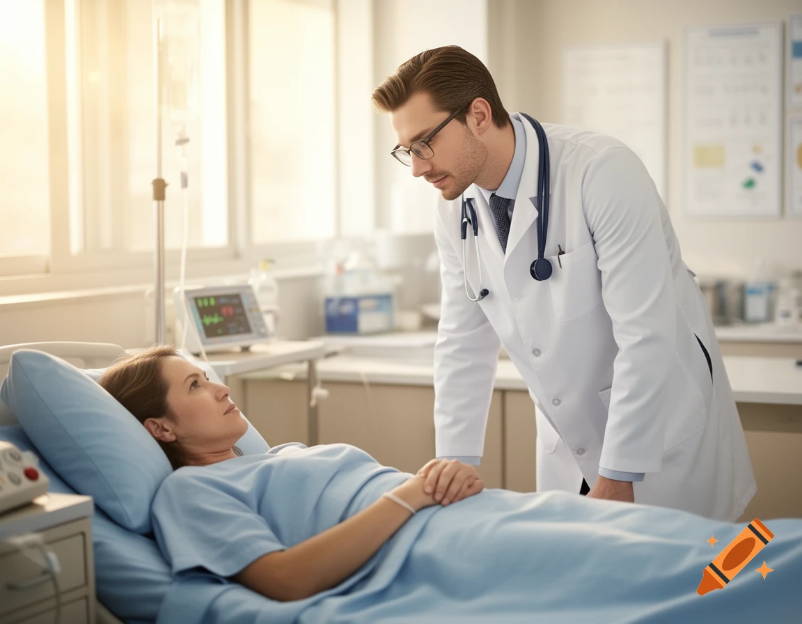 A male doctor in a white coat with a stethoscope leans over a female patient lying in a hospital bed.