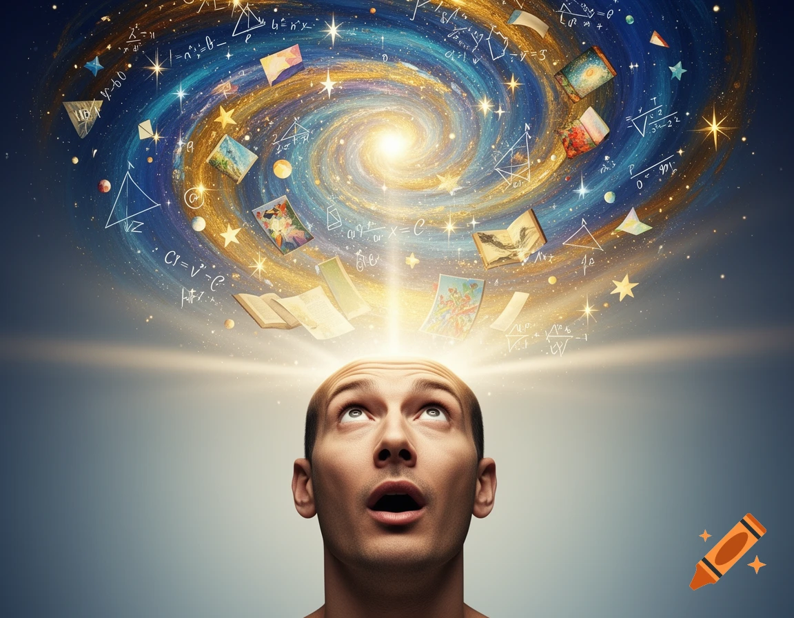 A man looks up in awe as a colorful galaxy, mathematical equations, books, and artistic images spiral out from his head, symbolizing a mind-blown moment of profound thought.