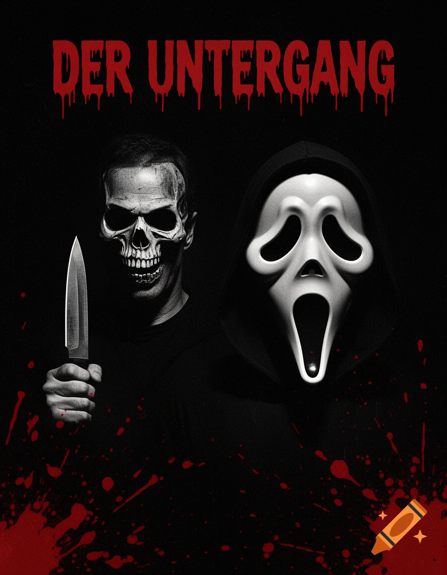 A horror movie poster with a skull-masked man holding a knife and a Ghostface mask figure on a black background with red blood splatters and dripping text 'DER UNTERGANG'.
