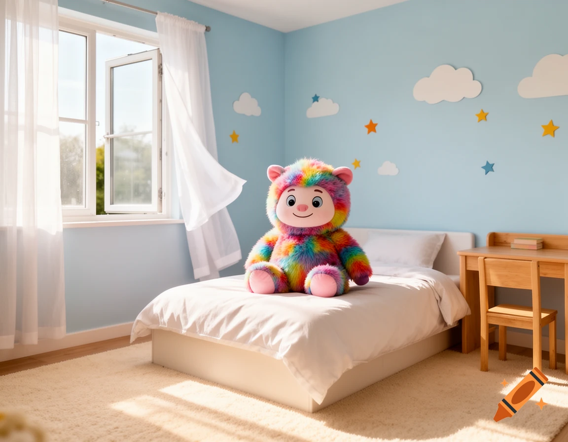 A bright children's bedroom with light blue walls, a bed, a wooden desk, and a large, colorful, furry plushie sitting on the bed. Sun shines through an open window.