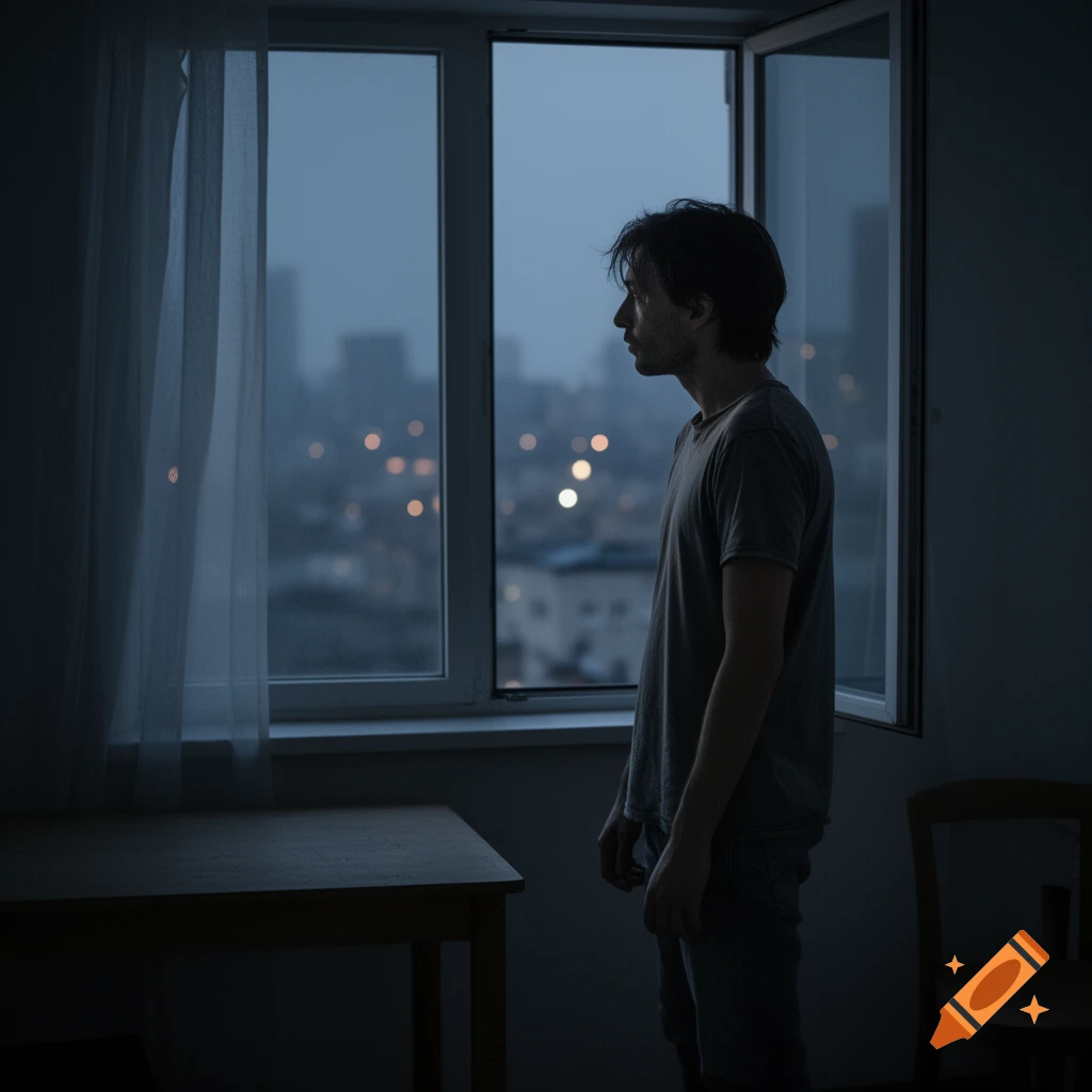 A man in a t-shirt looks out a window at a blurry city skyline with lights at dusk or night from a dimly lit room, photorealistic.