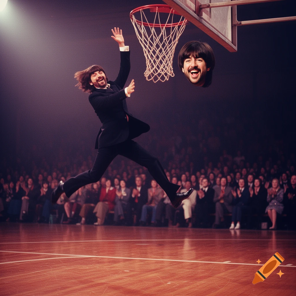 Photorealistic image of Ringo Starr in a suit leaping to dunk Paul McCartney's floating head into a basketball hoop on a court with spectators.