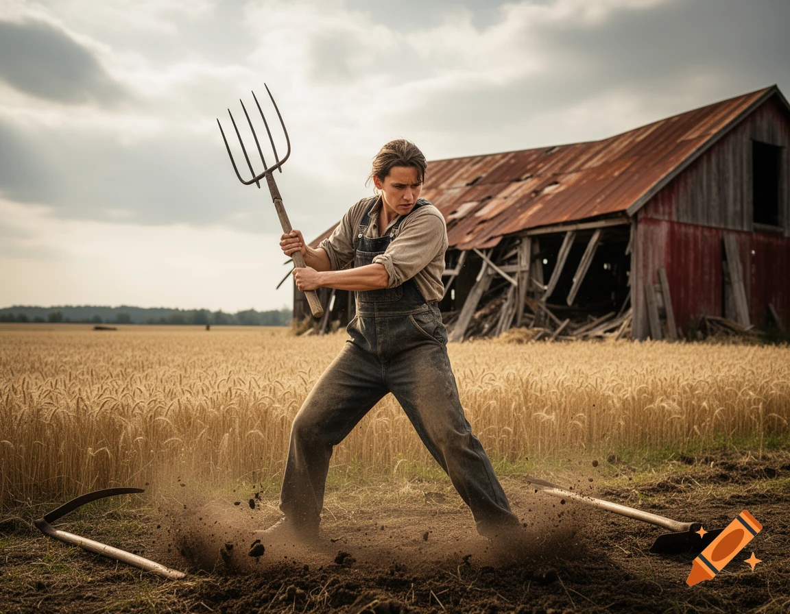A young person in overalls wields a pitchfork in a golden wheat field, kicking up dirt in front of a dilapidated red barn under a cloudy sky.