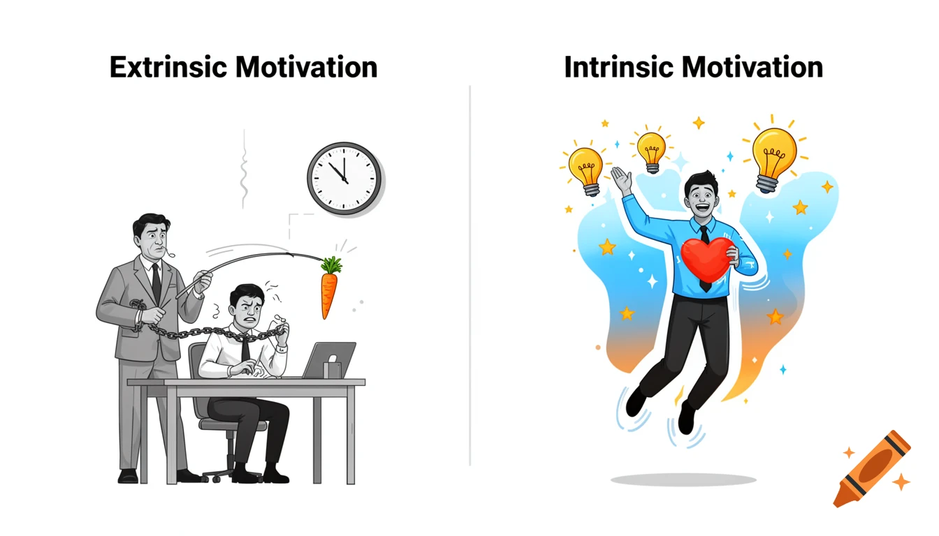 Flat design infographic contrasting extrinsic motivation (man chained to desk, carrot bait) with intrinsic motivation (man jumping happily with ideas and heart).