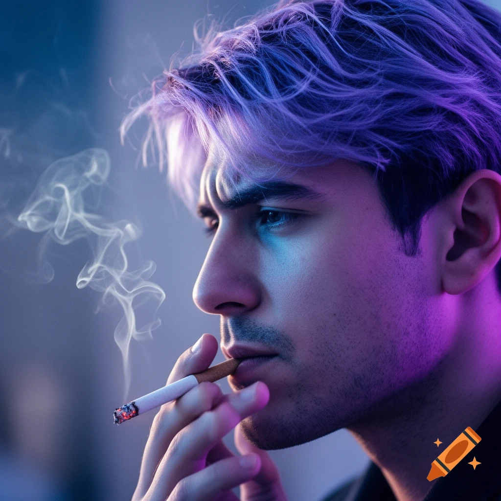 Close-up profile of a man with purple hair smoking a cigarette, lit with blue and purple neon light.