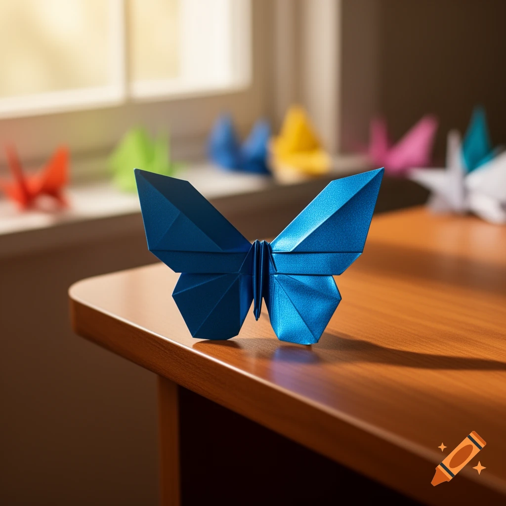 A detailed blue origami butterfly sits on a wooden table, with other colorful, blurred origami butterflies on a window sill in the background.