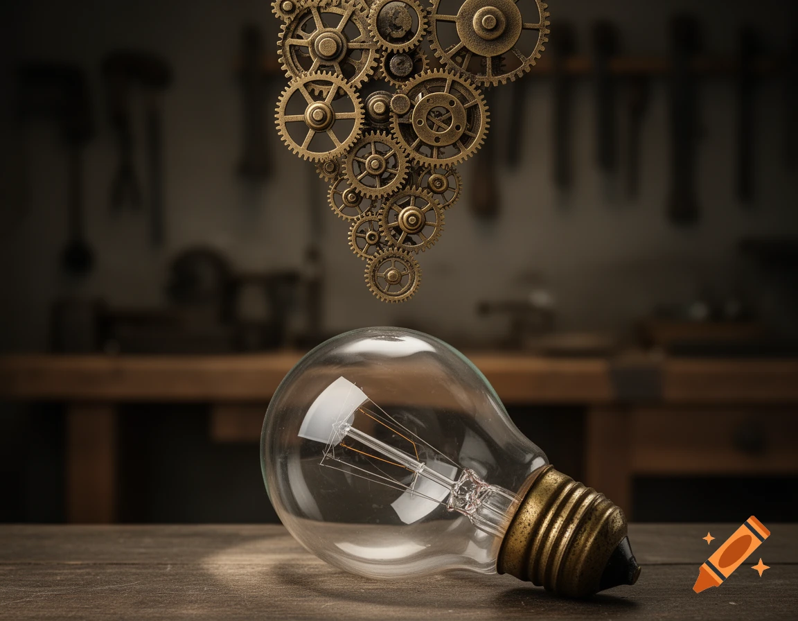 Bronze gears cascade into an antique lightbulb on a wooden workbench in a dimly lit workshop, photorealistic.