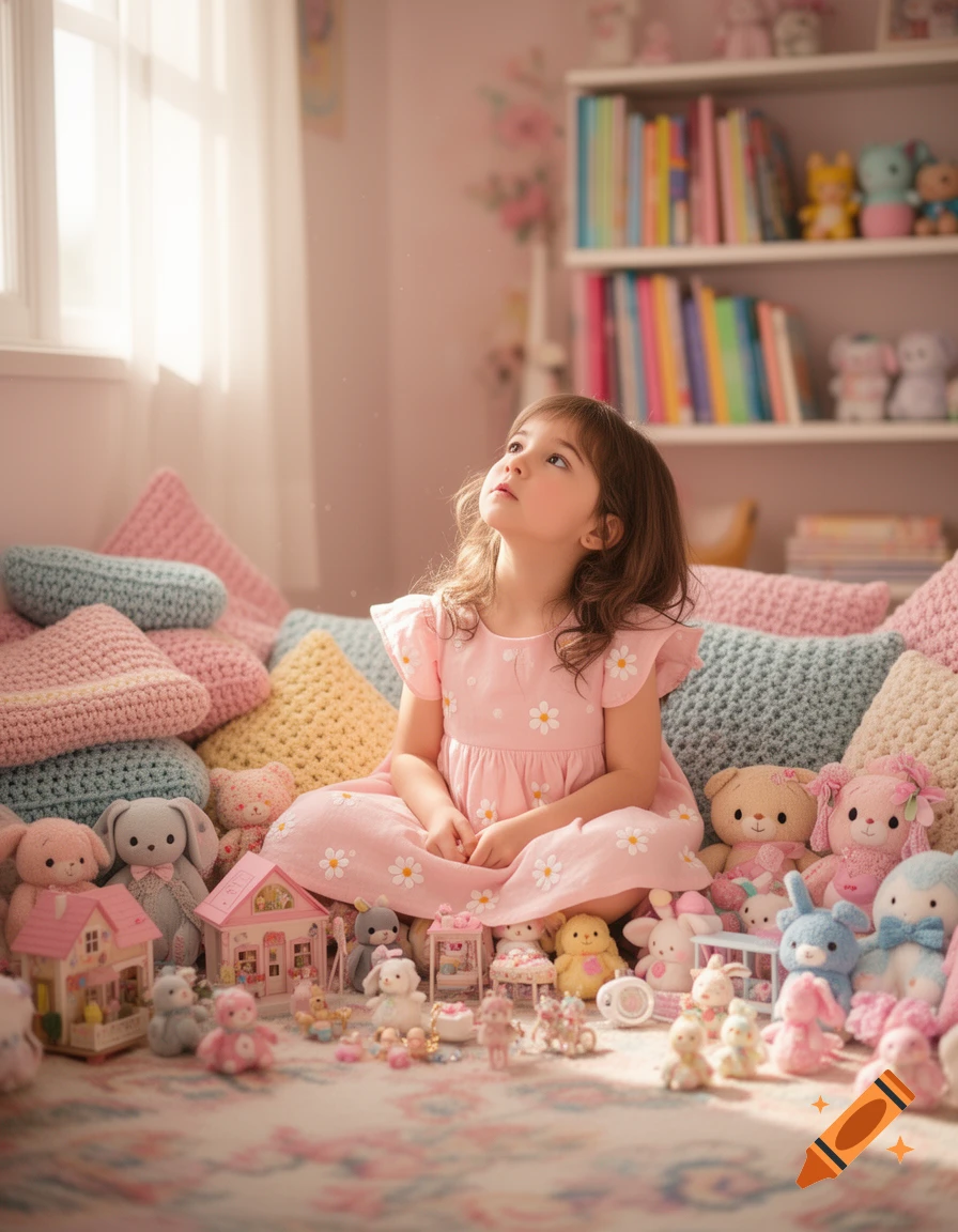 Young girl in a pink dress sitting amidst many stuffed toys and dollhouses in a sunlit, pastel-themed bedroom, looking up.