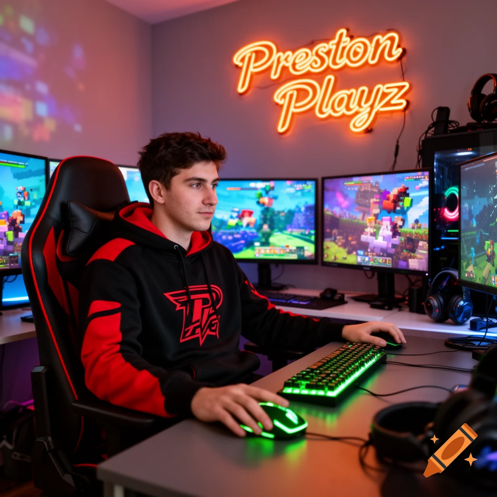 A young man plays video games in a dimly lit room with multiple monitors, glowing keyboard and mouse, and a neon 'Preston PlayZ' sign.