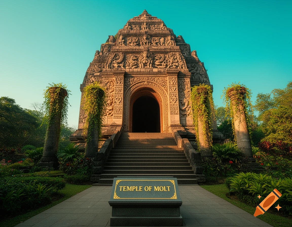 A grand stone temple with intricate carvings and a dark arched entrance, surrounded by lush green foliage and vine-covered pillars, under a clear sky. A sign reads 'TEMPLE OF MOLT'.